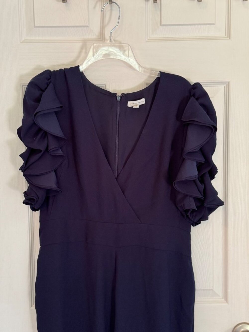 ML MONIQUE LHUILLIER VNeck 3/4 Ruffled Sleeves Jumpsuit Pantsuit Navy Blue 12 - Picture 4 of 10